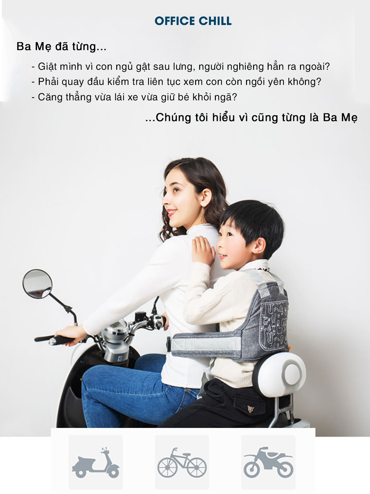 Đai An Toàn Cho Bé Đi Xe Máy OFFICE CHILL Bảo Vệ Bé Ngồi Trước Hoặc Sau Phù Hợp Từ 1 Đến 10 Tuổi