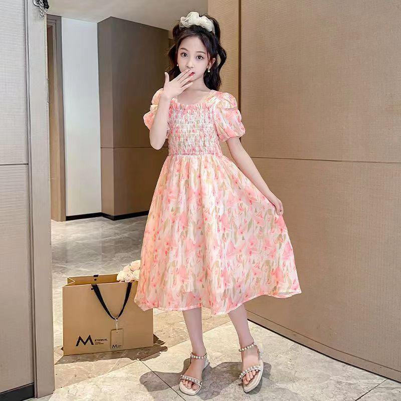 SHUANGYAN Cô gái váy mùa hè phong cách phương Tây 2023 Big Boy mùa hè váy chiffon mùa hè cô gái mảnh hoa mối tình đầu váy