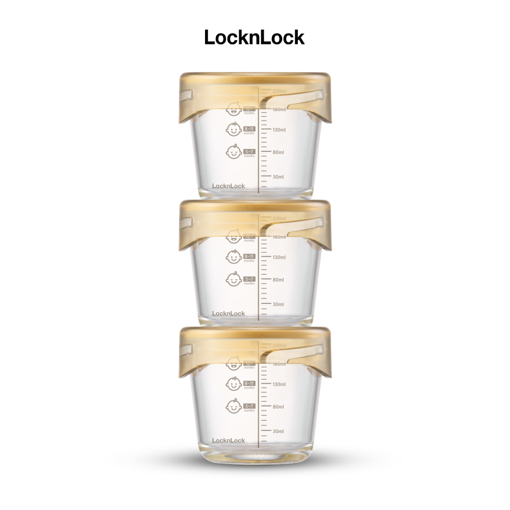 Bộ 3 hộp thủy tinh đựng thực phẩm cho bé LocknLock Baby Food container LLG542S3IVY - 280ml, Nắp vặn chống tràn, chất liệu không BPA an toàn cho trẻ em, có vạch chia - Hàng chính hãng