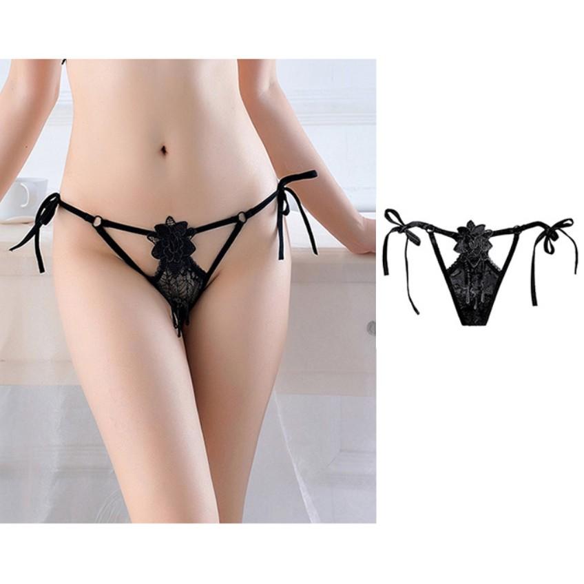 Siêu sexy gợi cảm quần lót buộc dây mở đũng - Màu đen