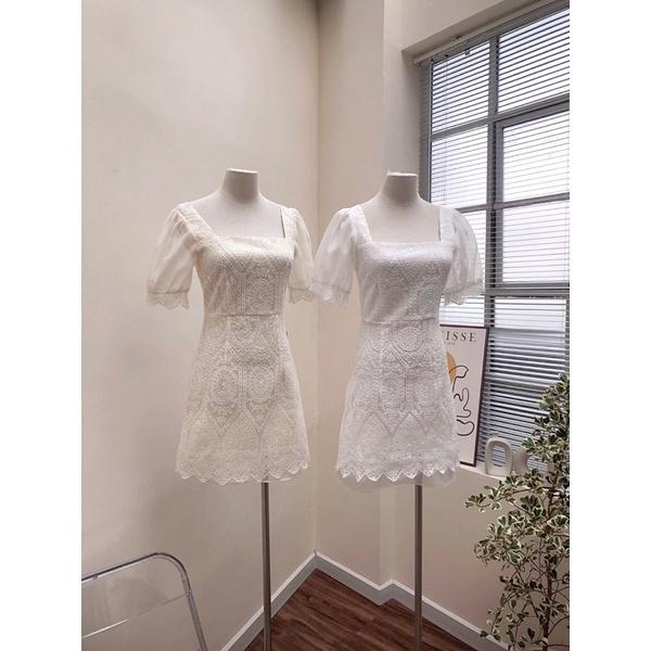 Váy họa tiết hai lớp cổ vuông tay trong hàng thiết kế vnt0822v04 by germe