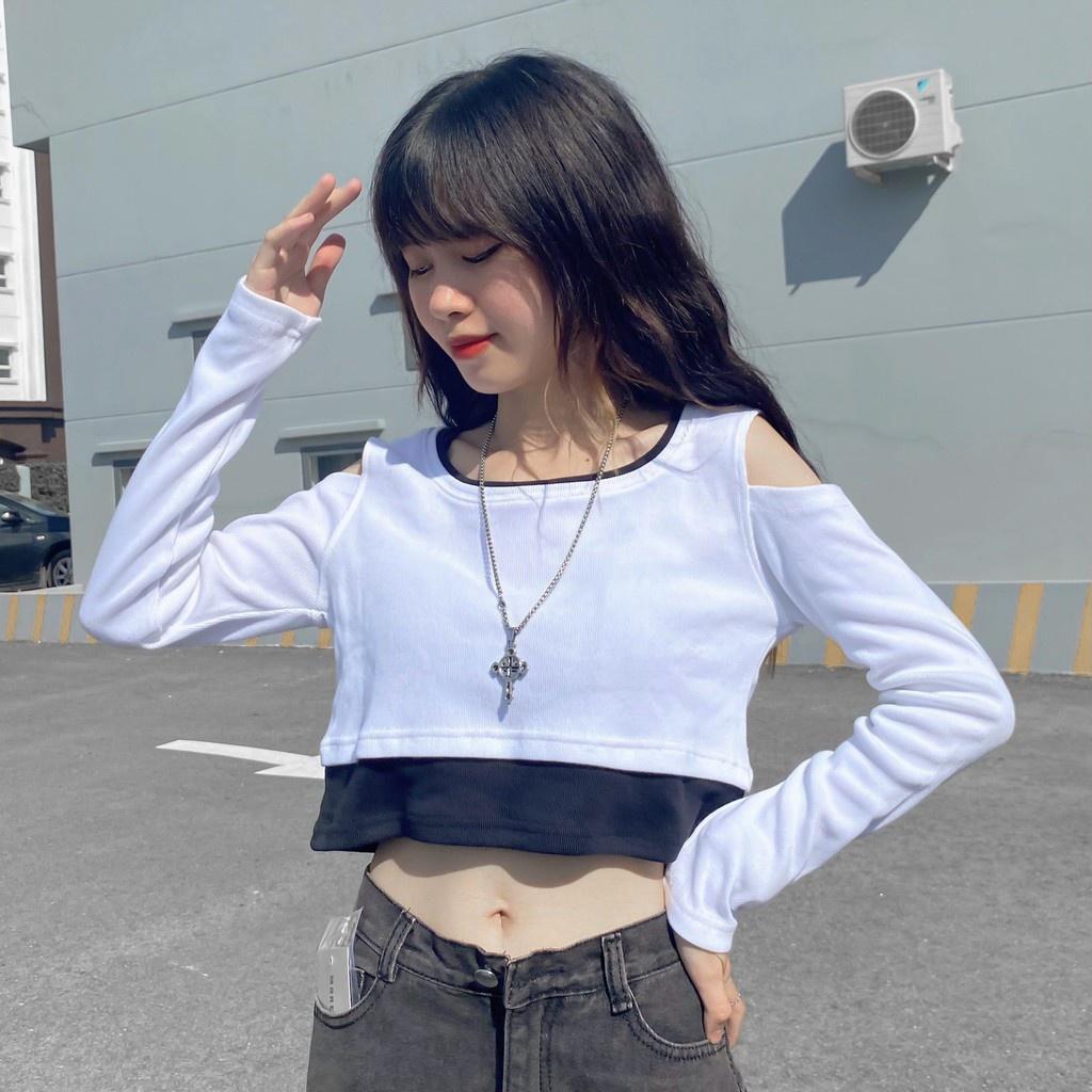 Áo Croptop Nữ Tay Dài DAILY Phối Layer Xẻ Vai Vải Thun Gân Ulzzang