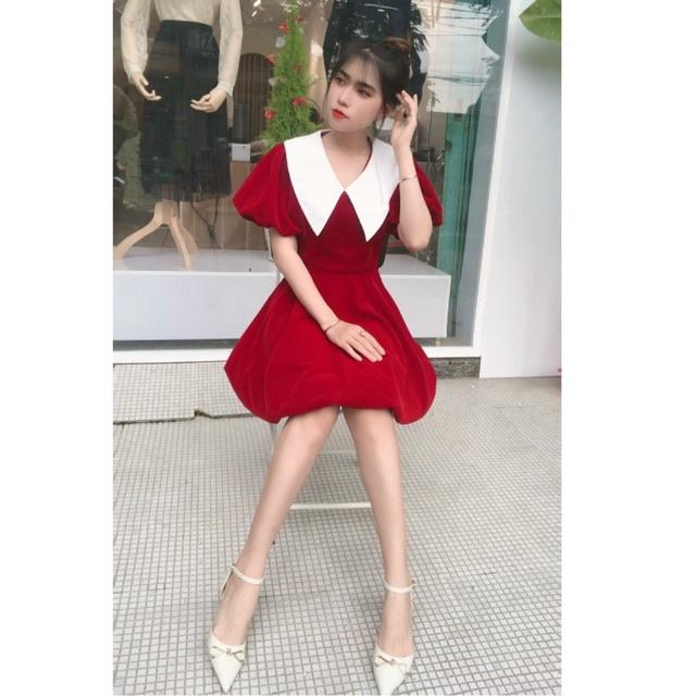Đầm nhung đỏ cổ trắng tay phồng