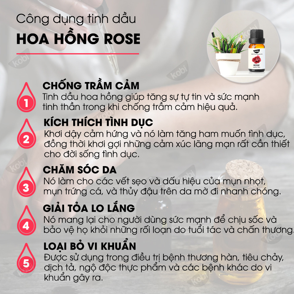 Tinh dầu Hoa Hồng Kobi giúp khơi gợi cảm giác lãng mạn, chống trầm cảm hiệu quả