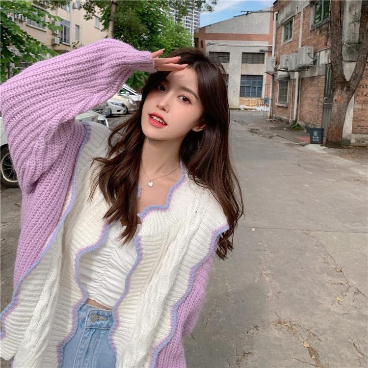 Cardigan Len | Áo Khoác Cardigan Len Nữ Dệt Kim Dày Dặn Phối Trắng Tím Viền Lượn Sóng Ulzzang Hàn Quốc