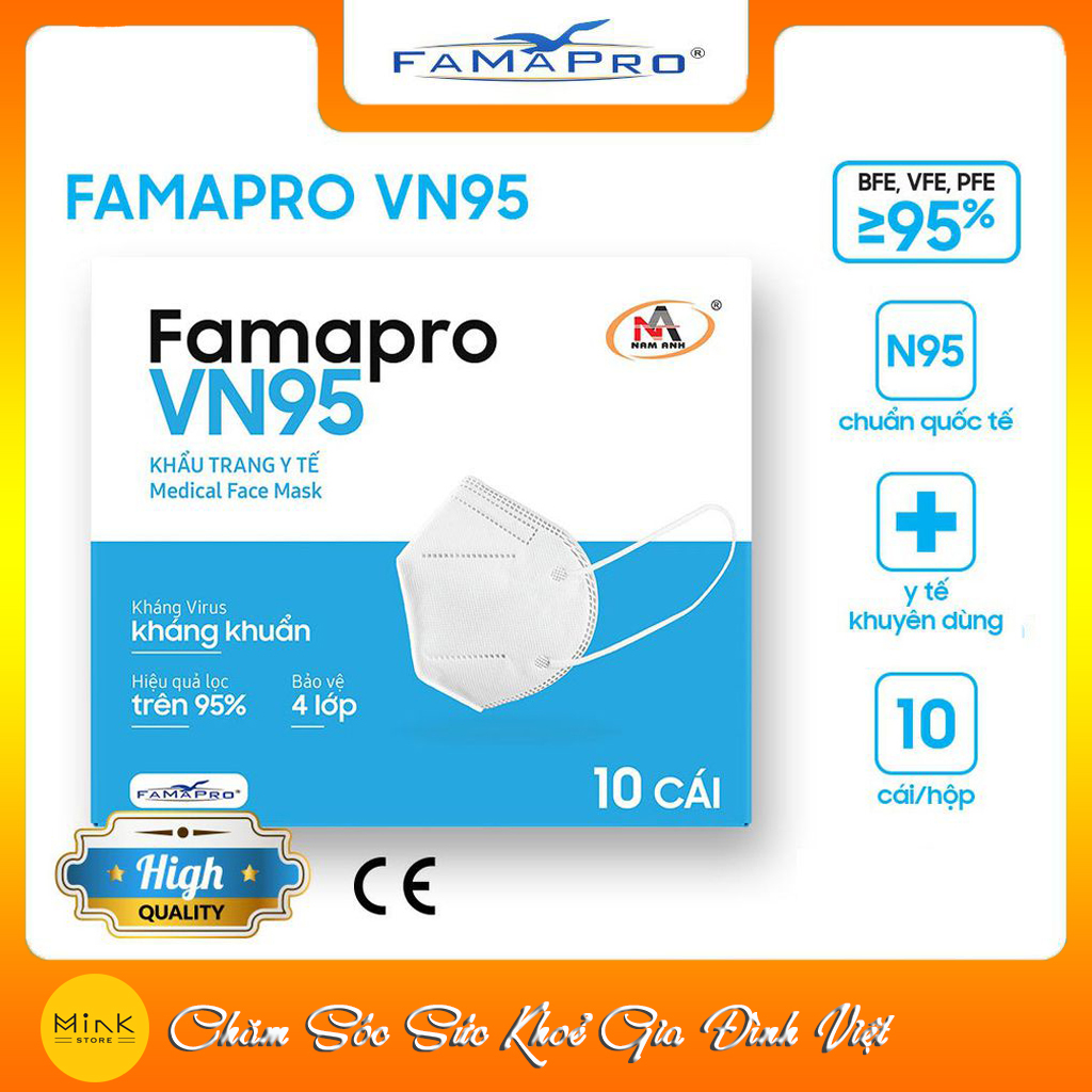 Khẩu trang y tế kháng khuẩn 4 lớp Famapro VN95 (Nam Anh) màu trắng (10 cái /hộp )