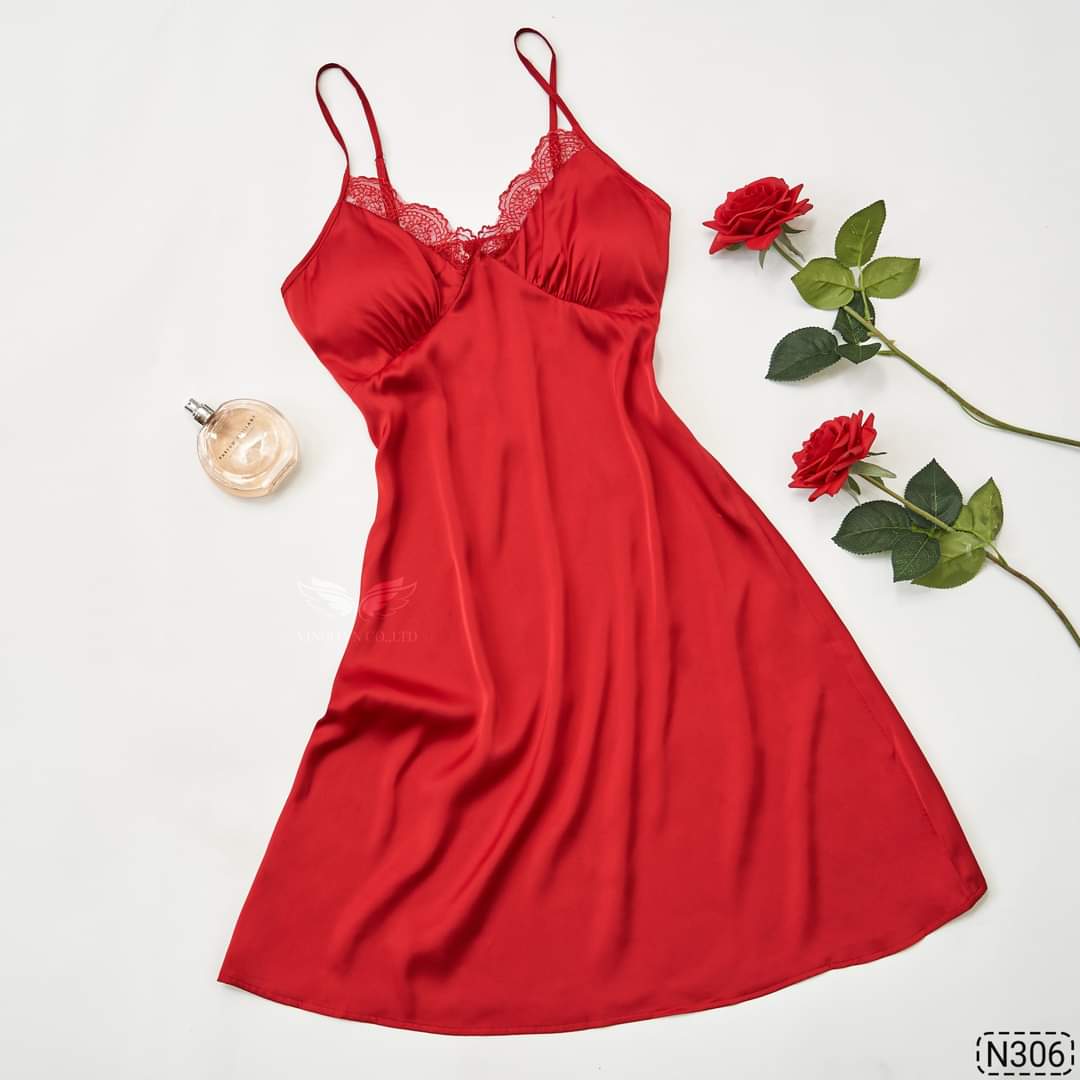[Rose Sleepwear] Váy ngủ lụa cao cấp, váy ngủ nữ 2 dây phối ren váy ngủ nữ sexy gợi cảm phối viền ren có 2 màu đỏ và hồng tặng kèm chip ren