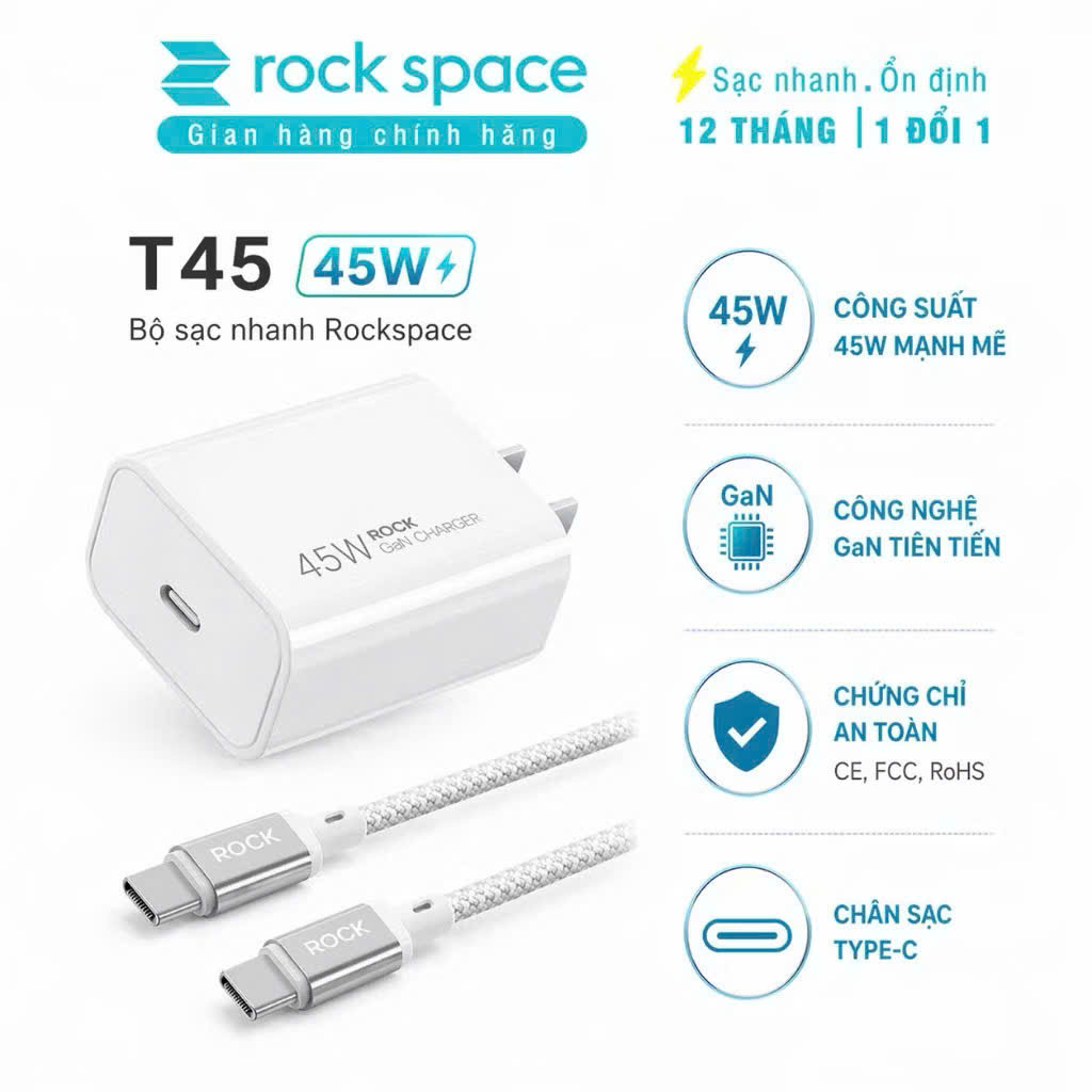 Bộ sạc nhanh cho điện thoại Rockspace T45 củ PD 45W và dây dù type C - Hàng chính hãng bảo hành 12 tháng