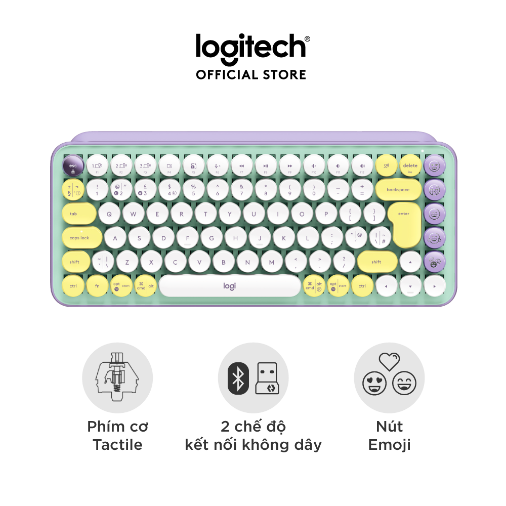 Bàn phím cơ không dây bluetooth | USB Logitech POP KEYS - với 8 phím emoji có thể điều chỉnh, switch tactile, kết nối 3 thiết bị - Màu Daydream - Hàng chính hãng