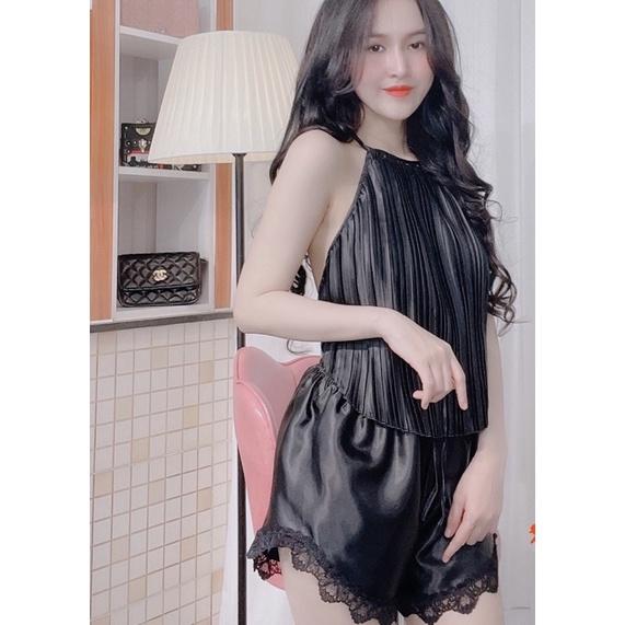 Bộ Đồ Ngủ 2 Dây Sexy Nữ, yếm phi lụa dập ly phối ren, freesize 40-55kg, tuỳ chiều cao