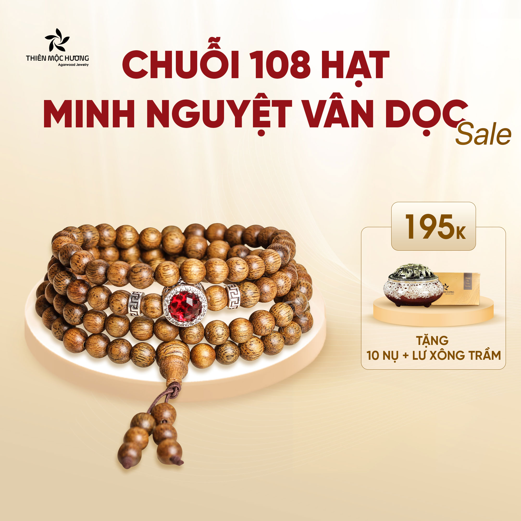 Vòng tay trầm hương 108 hạt Minh Nguyệt Thiên Mộc Hương dòng Việt Nam vân dọc, thành công, hạnh phúc