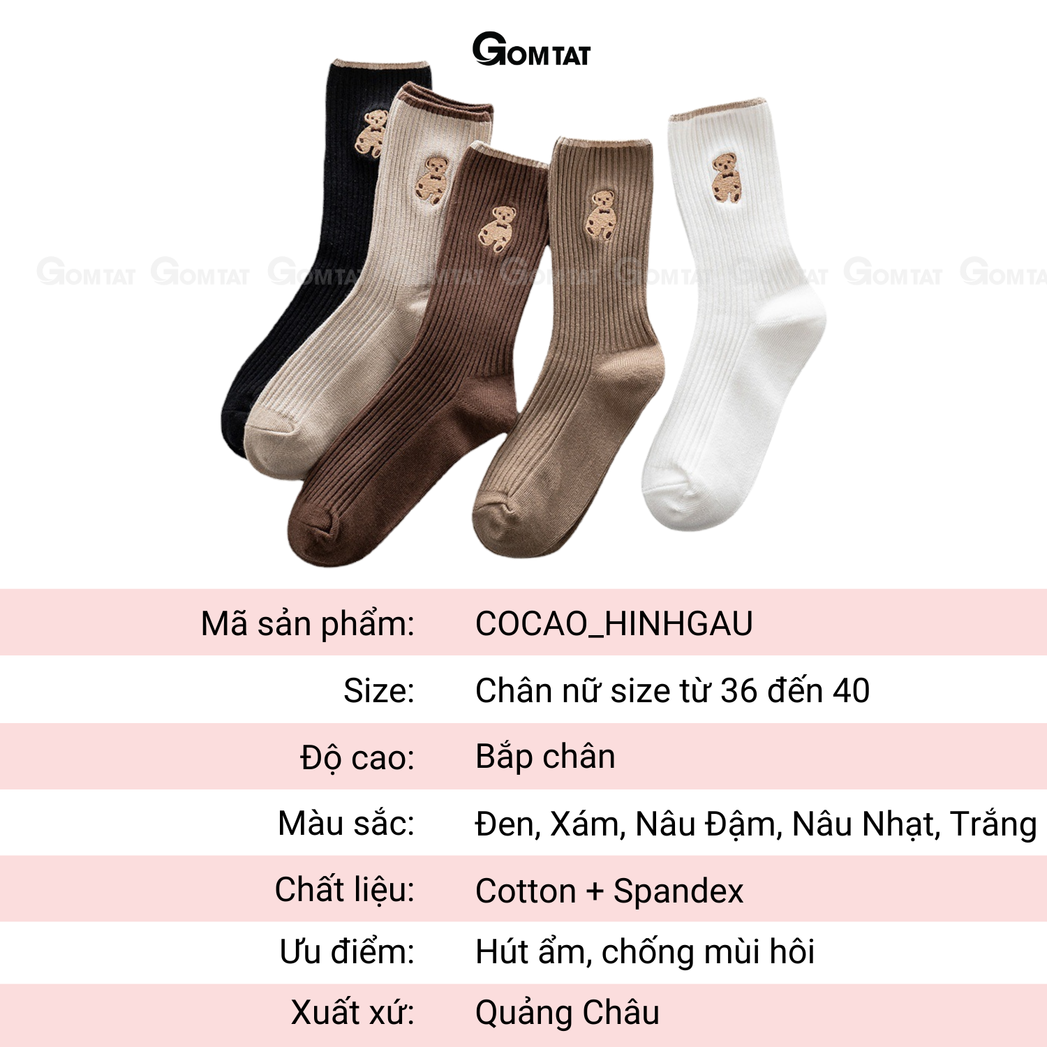 Set 5 đôi tất vớ nữ cổ cao GOMTAT mẫu hình gấu cao cấp, chất liệu dày dặn, hút ẩm, thoáng khí chống mùi - COCAO-HINHGAU
