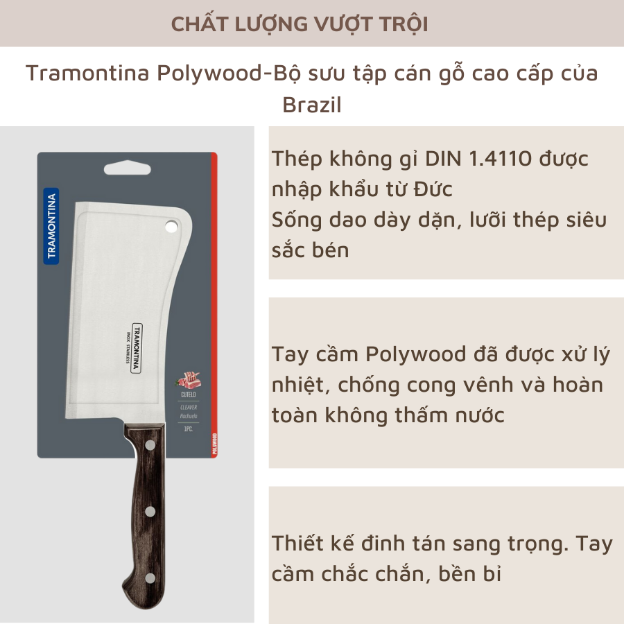 Dao Chặt Xương Tramontina 16cm Cán Gỗ Polywood Chất Liệu Thép Không Gỉ Nhập Khẩu Brazil