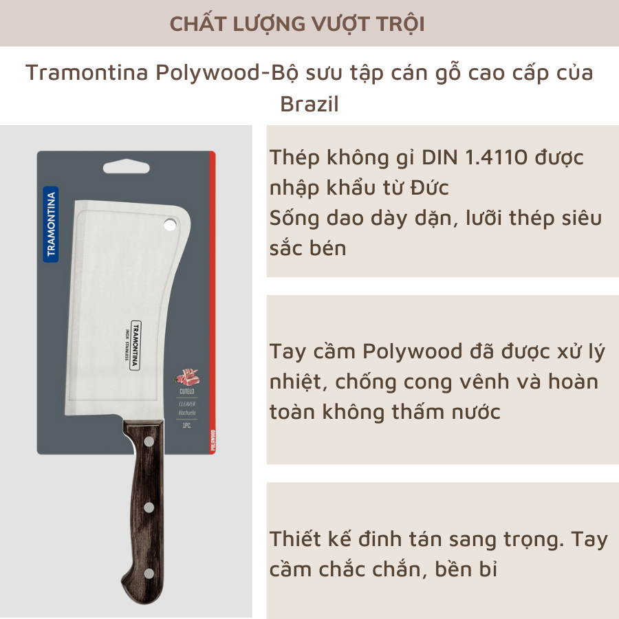 Dao Chặt Xương Tramontina 16cm Cán Gỗ Polywood Chất Liệu Thép Không Gỉ Nhập Khẩu Brazil