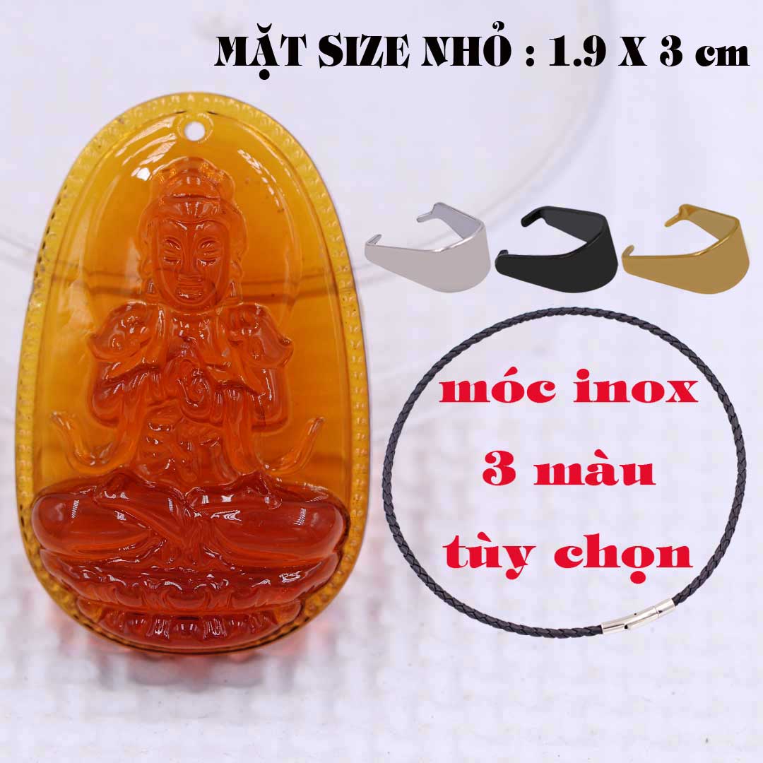 Mặt Phật Đại nhật như lai pha lê cam 1.9cm x 3cm  kèm vòng cổ dây da đen + móc inox vàng, Phật bản mệnh, mặt dây chuyền