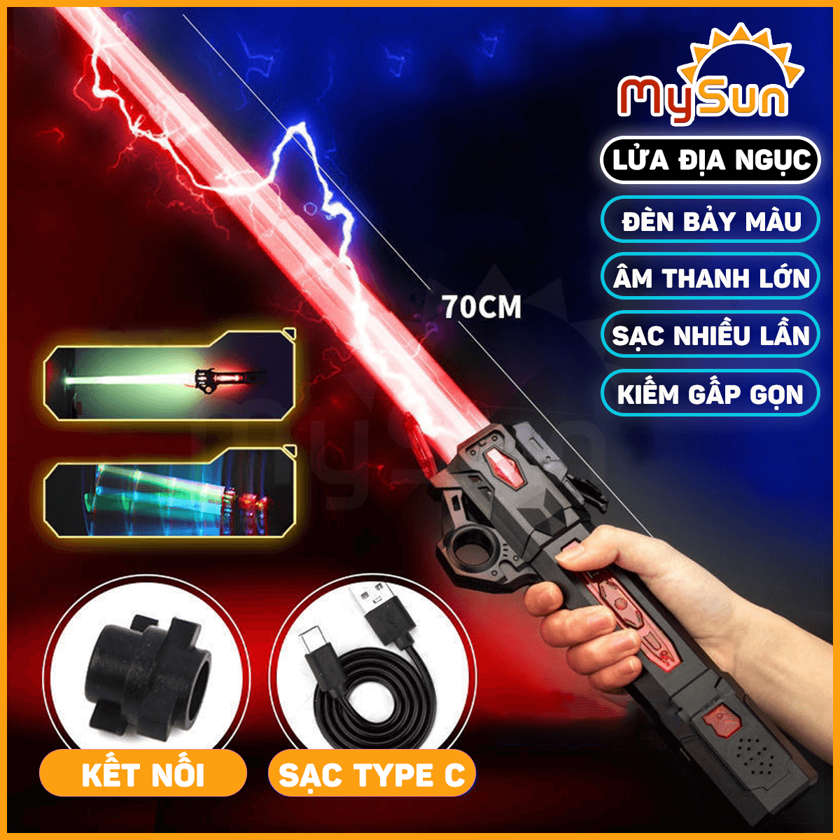 Kiếm Laser phát ánh sáng Lazer nhựa đồ chơi thu gọn cho trẻ em bé ghép 2 đầu tặng PIN MySun