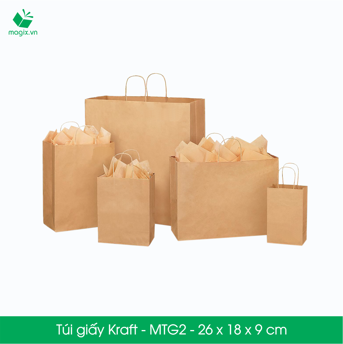 MTG2 MTG2T - 26x18x9 cm - Combo 200 túi giấy Kraft Nhật cao cấp