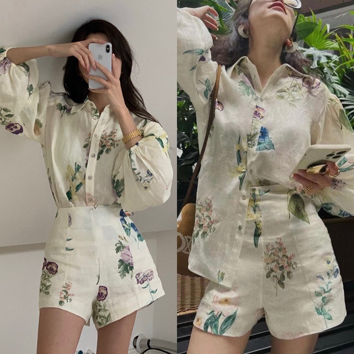 SET ÁO SƠ MI SUÔNG HOA FLORAL TAY DÀI BỒNG + QUẦN NGẮN LƯNG CAO ỐNG RỘNG SHORTS ĐI BIỂN DẠO PHỐ DỰ TIỆC