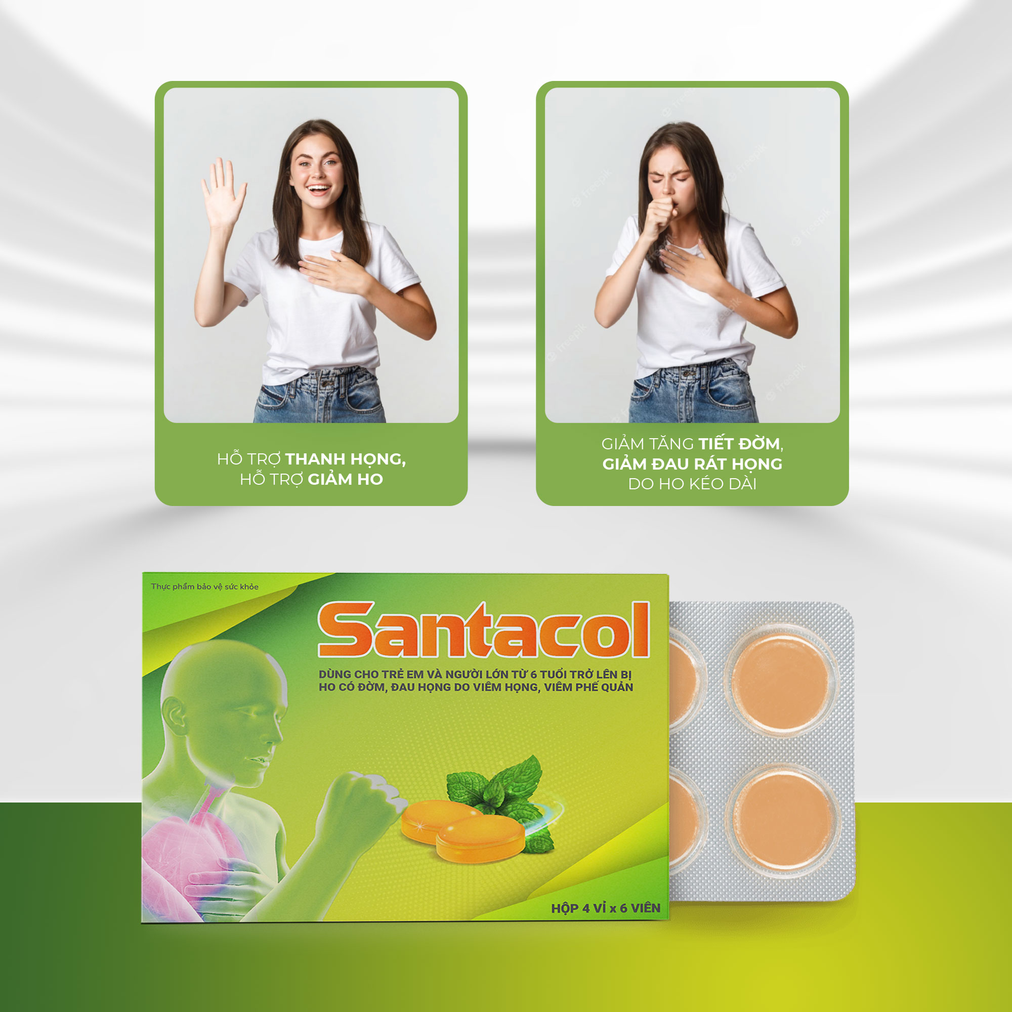 Viên Ngậm Ho Hỗ Trợ Giảm Đờm Giảm Đau Họng Do Viêm Họng & Viêm Phế Quản Santacol Hộp 24 Viên