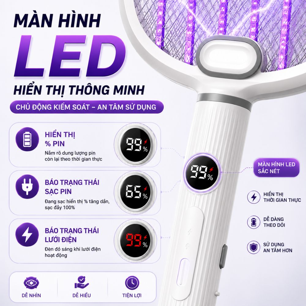 Vợt Bắt Muỗi Tự Động Kachi MK462 – Tích Hợp Đèn Bắt Muỗi, Màn Hình LED Thông Minh - hàng chính hãng