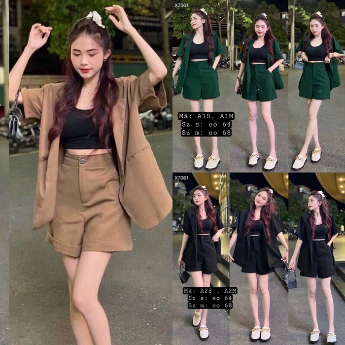 SET ÁO KHOÁC BLAZER TAY NGẮN MÀU TRƠN + QUẦN SHORT NGẮN ỐNG RỘNG LƯNG CAO DẠO PHỐ DỰ TIỆC GIÁNG SINH NOEL