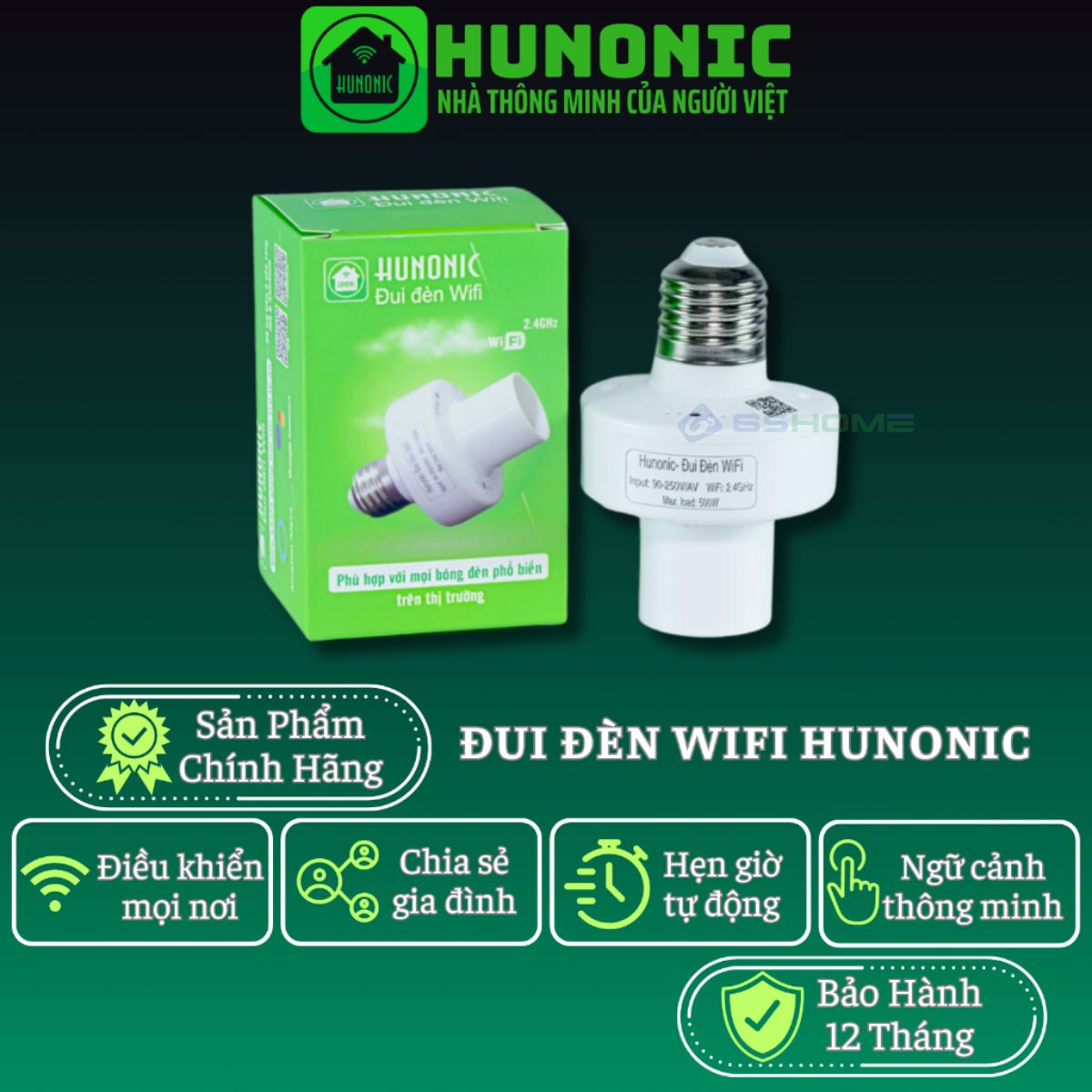 Đui Đèn Thông Minh WiFi Hunonic 500W, App Tiếng Việt, Điều Khiển Từ Xa Trên Điện Thoại, Hẹn Giờ, Điều Khiển Giọng Nói