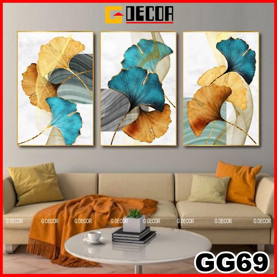 Tranh treo tường canvas 3 bức phong cách hiện đại Bắc Âu 69, tranh lá trang trí phòng khách, phòng ngủ, phòng ăn, spa