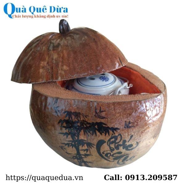 Bình Giữ Ấm Trà Trái Dừa Hoa Văn Lồng Chữ “Phúc Lộc Thọ” Và Bình Trà 400 - 950ml - Sản Phẩm Được Sản Xuất Tại Bến Tre