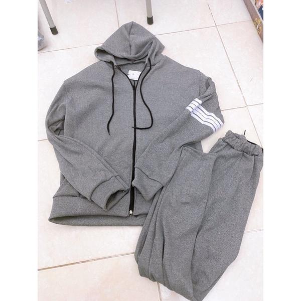 Set bộ quần áo len tăm 3 sọc áo hoodie quần dài màu xám mặc thu đông