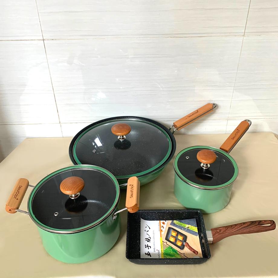 Tặng cặp nhấc nồi silicon cap cấp- Bộ nồi chảo 4 món SL1, quánh 16cm + nồi 20cm + chảo sâu lòng 32cm + chảo vuông 15x20cm đáy từ/ Induction Seoulcook Hàn Quốc, dùng được tất cả các loại bếp