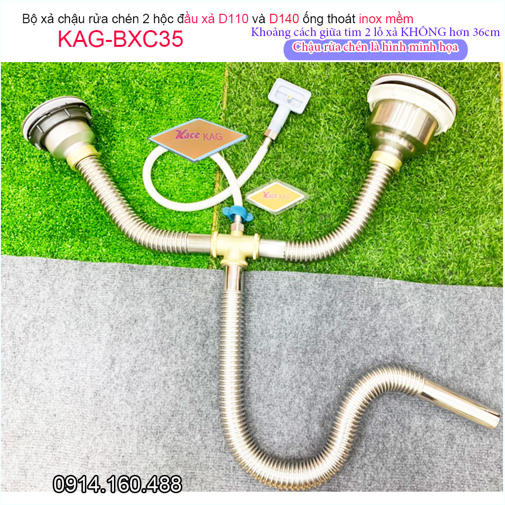 Bộ xả chậu rửa chén đôi inox 304 KAG-BXC35 chậu 1 to 1 nhỏ, bộ ống thoát bồn rửa bát  2 hố D140 và D110 chất liệu SUS304 dễ vệ sinh siêu bền sử dụng tốt