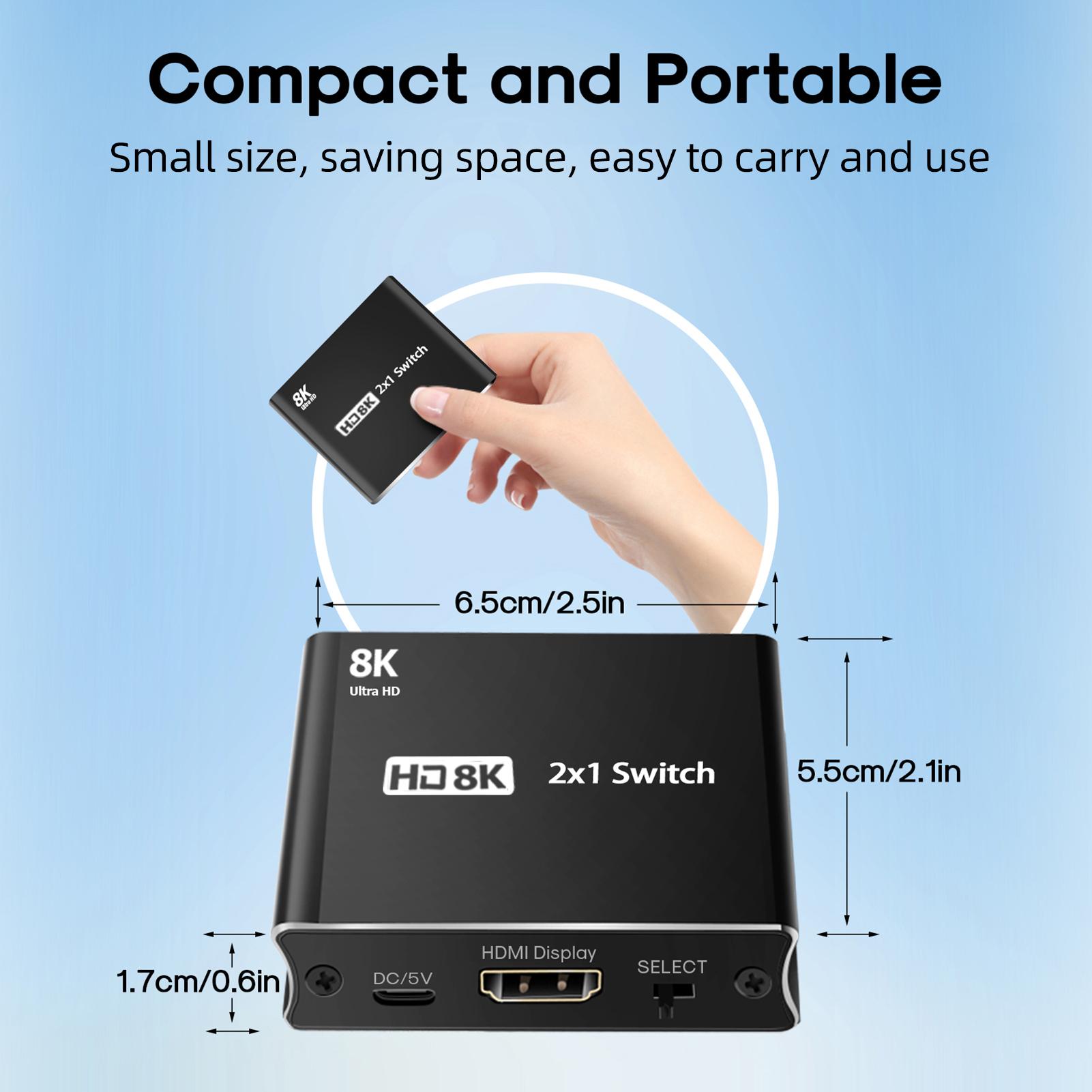 HD 2x1 Switcher 2 in 1 out High-speed HD Switcher Converter up to 8K@60Hz Resolution One-key Switch Wide Compatibility