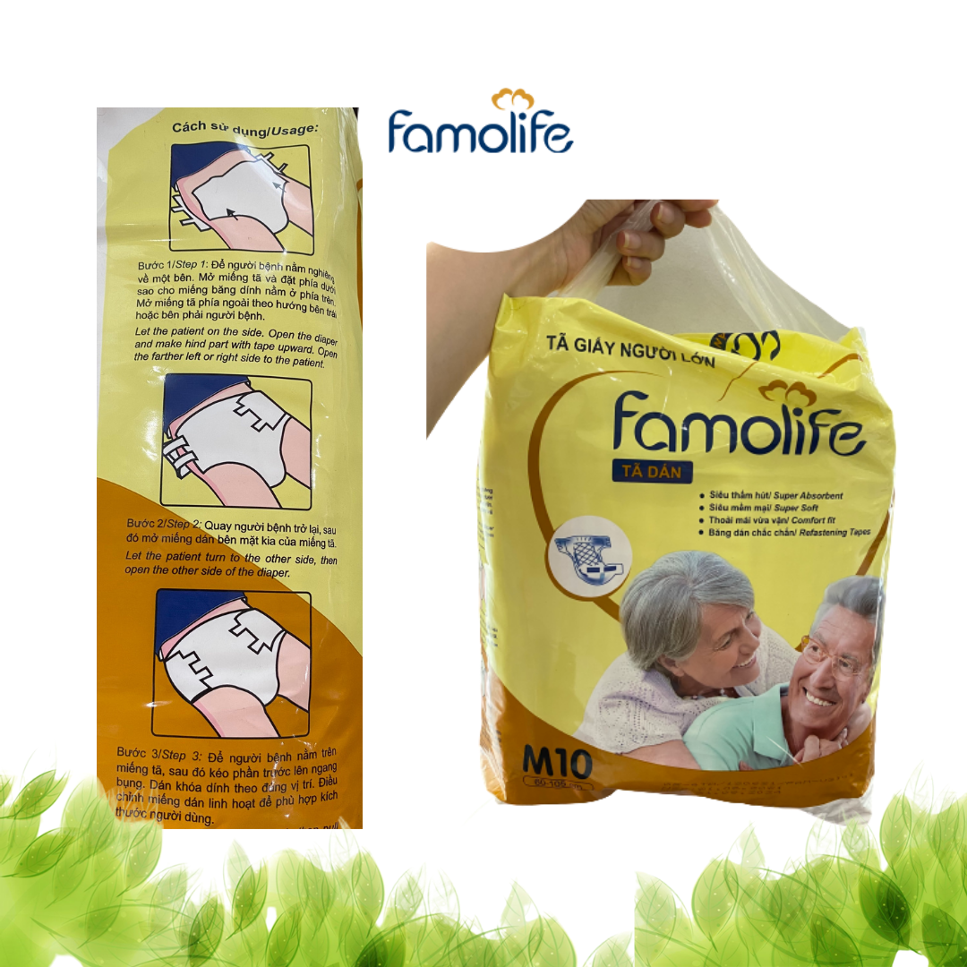 Tã dán người già FAMOLIFE Cao Cấp mềm mại, thấm hút, chuẩn chất lượng Châu Âu - Gói 10 Miếng