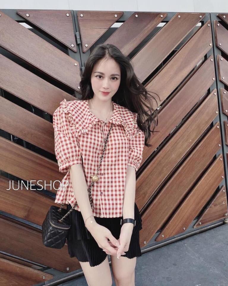 ÁO CỔ BÈO XINH SẮN Áo sơ mi kẻ đỏ cổ bèo xinh xắn hàng hottrend