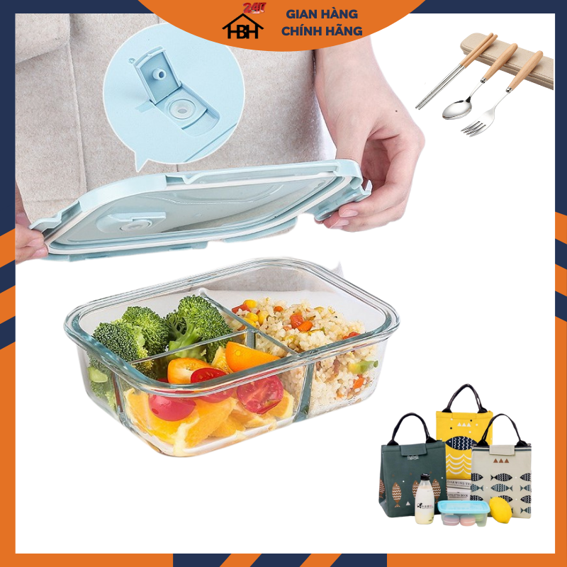 Hộp Cơm Thủy Tinh 3 Ngăn 1050 ml + Túi Cá + Hộp Đũa Thìa Cán gỗ cực kì tiện lợi