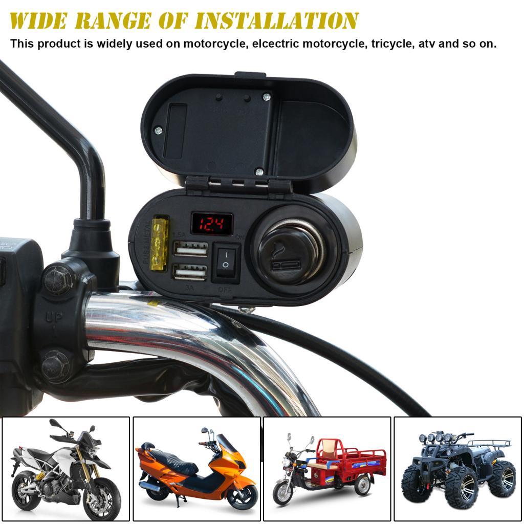 Waterproof Motorcycle Cigarette Lighter Dual USB Charger & Switch & Clock