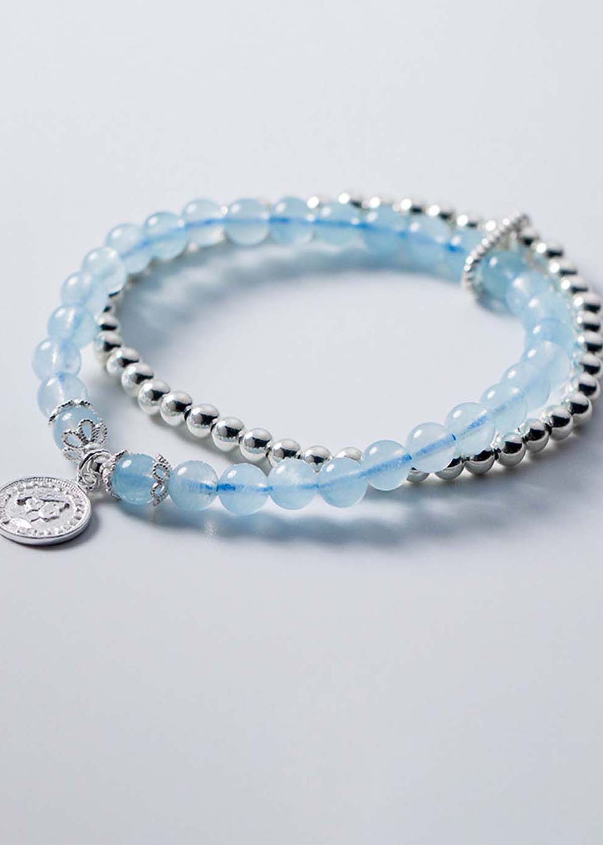 Vòng 2 line đá Aquamarine phối bi bạc mệnh thủy, mộc - Ngọc Quý Gemstones