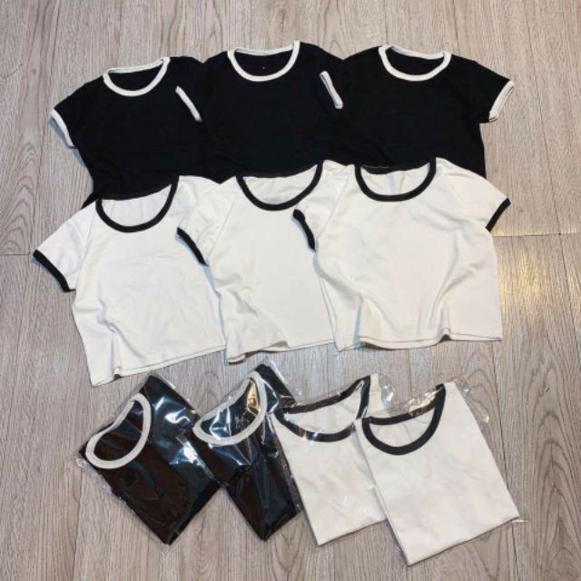Áo cộc tay viền đen trắng croptop kiểu dáng body