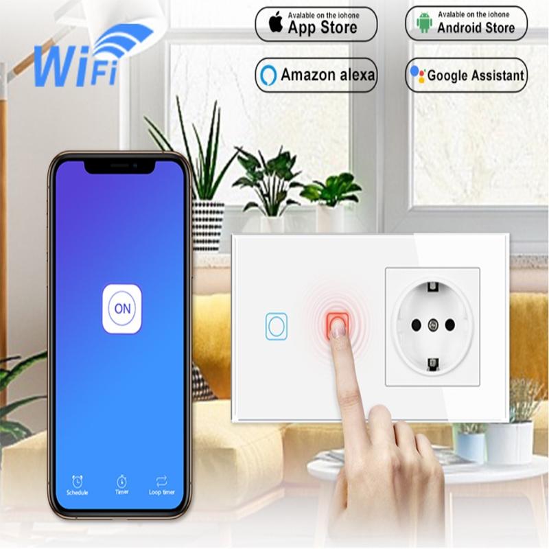 Công Tắc Thông Minh Wifi TUYA, Hình Chữ Nhật Cảm Ứng 3 nút + Ổ điện EU