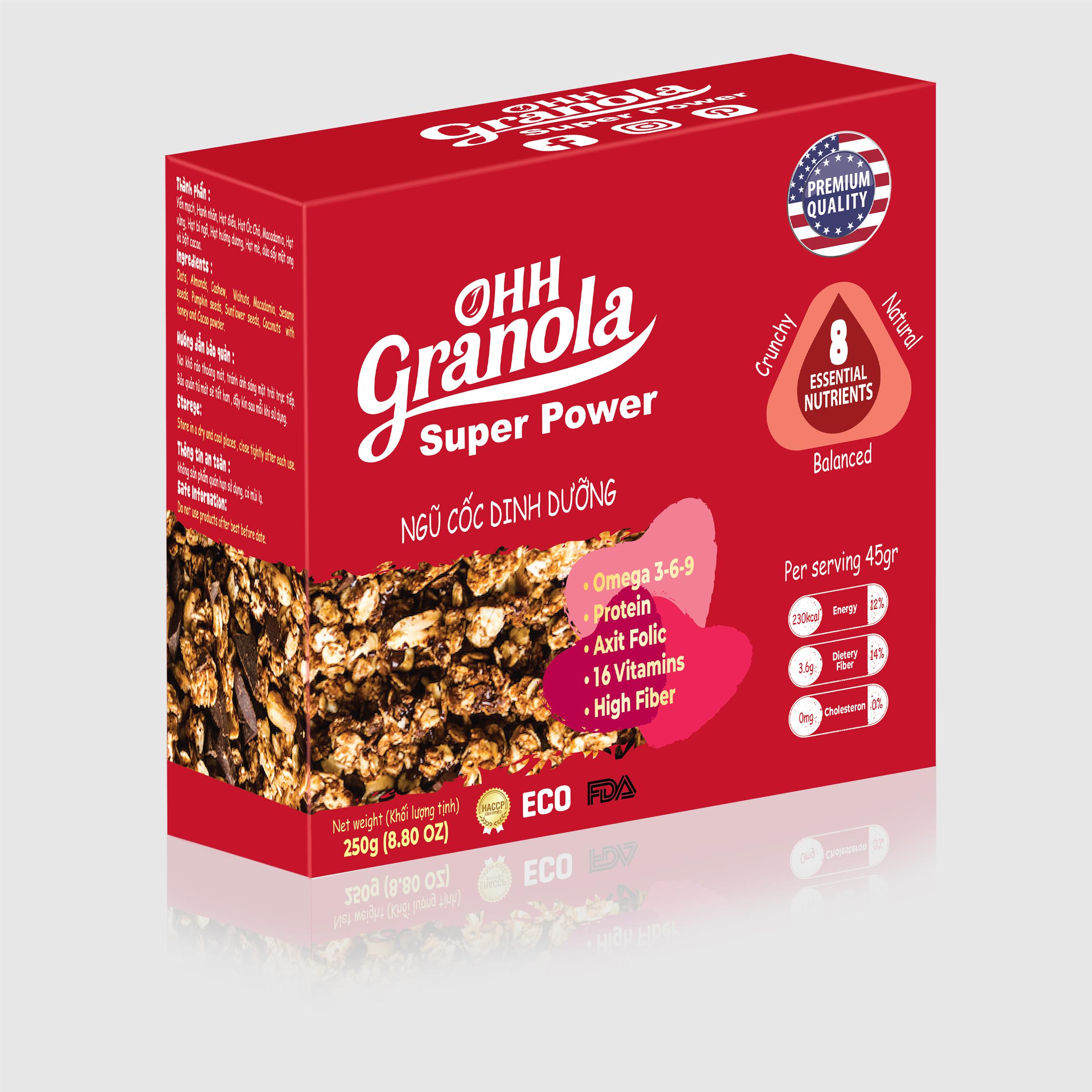 Giảm Cân Ngũ Cốc Tăng Cơ Giàu Năng Lượng  Chocolate Đen - Super Power (Ohh - Granola) Tiêu Chuẩn FDA Hoa Kỳ, Hộp 250g