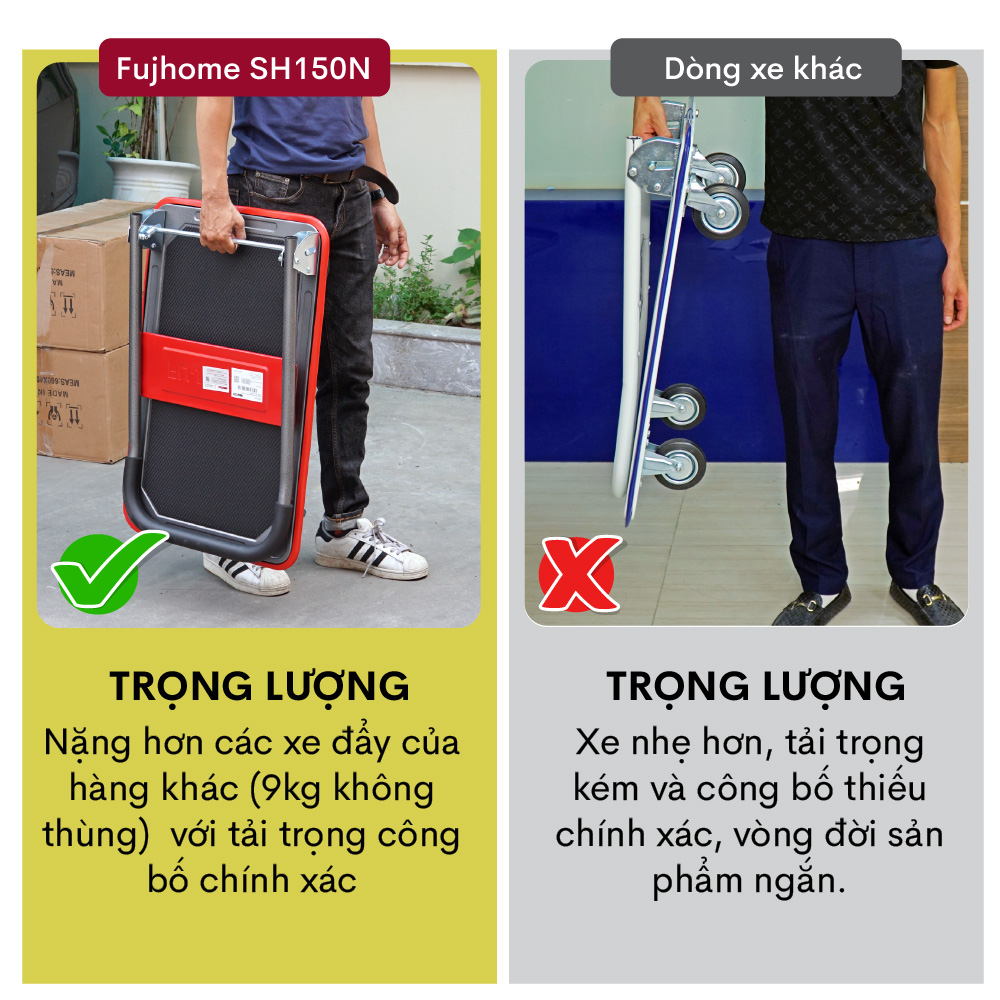 Xe đẩy hàng 4 bánh gấp gọn sàn thép FUJIHOME nhập khẩu, xe kéo hàng xếp gọn, bánh xe có chốt hãm - hàng chính hãng