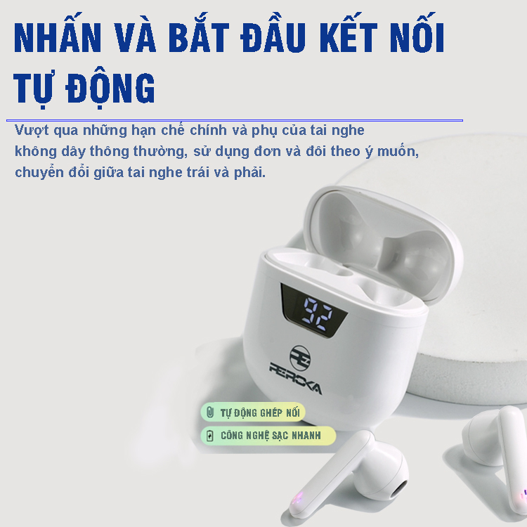 Tai Nghe True Wireless  REROKA-BIONIC Bluetooth V5.0, đeo êm tai, âm thanh sống động, hộp sạc có đèn led hiển thị  - Hàng chính hãng