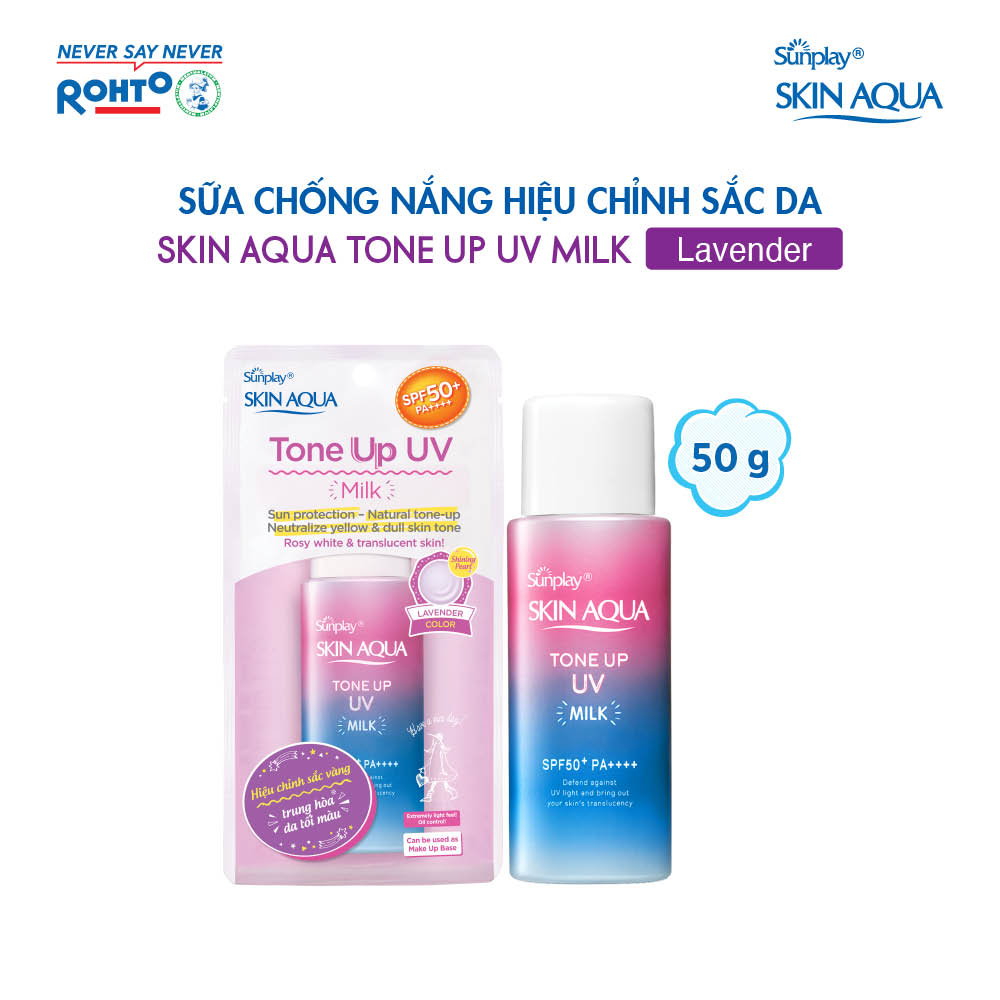 Kem chống nắng nâng tông Skin Aqua Tone up Lavender cho da tối màu &amp; da vàng, dạng sữa Sunplay Skin Aqua Tone Up UV Milk Lavender SPF 50+ PA++++ 50g