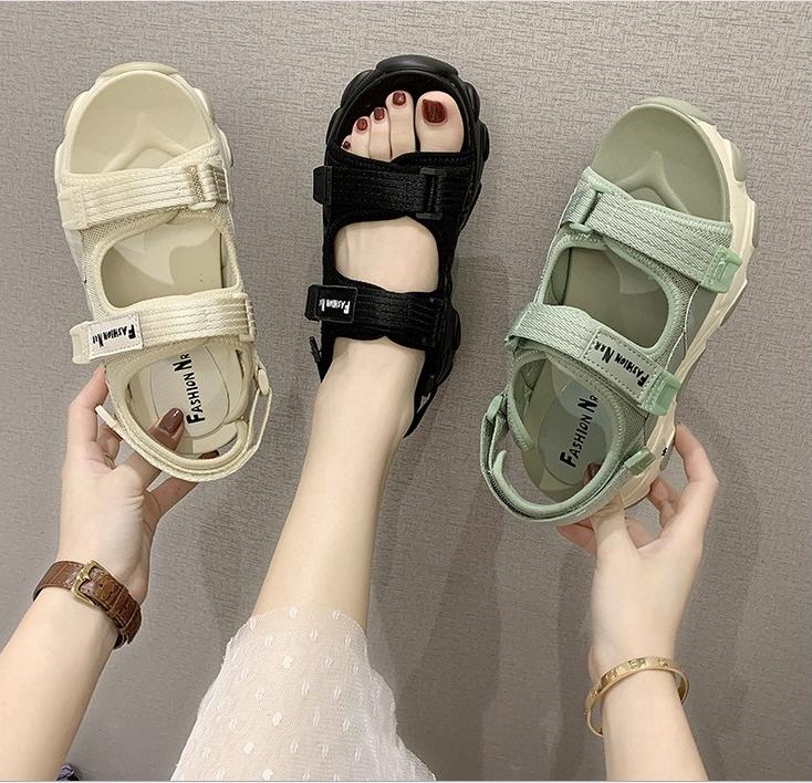 Giày sandal nữ quai dán vải dù 3 màu đế cao 5cm phong cách Ulzzang S118