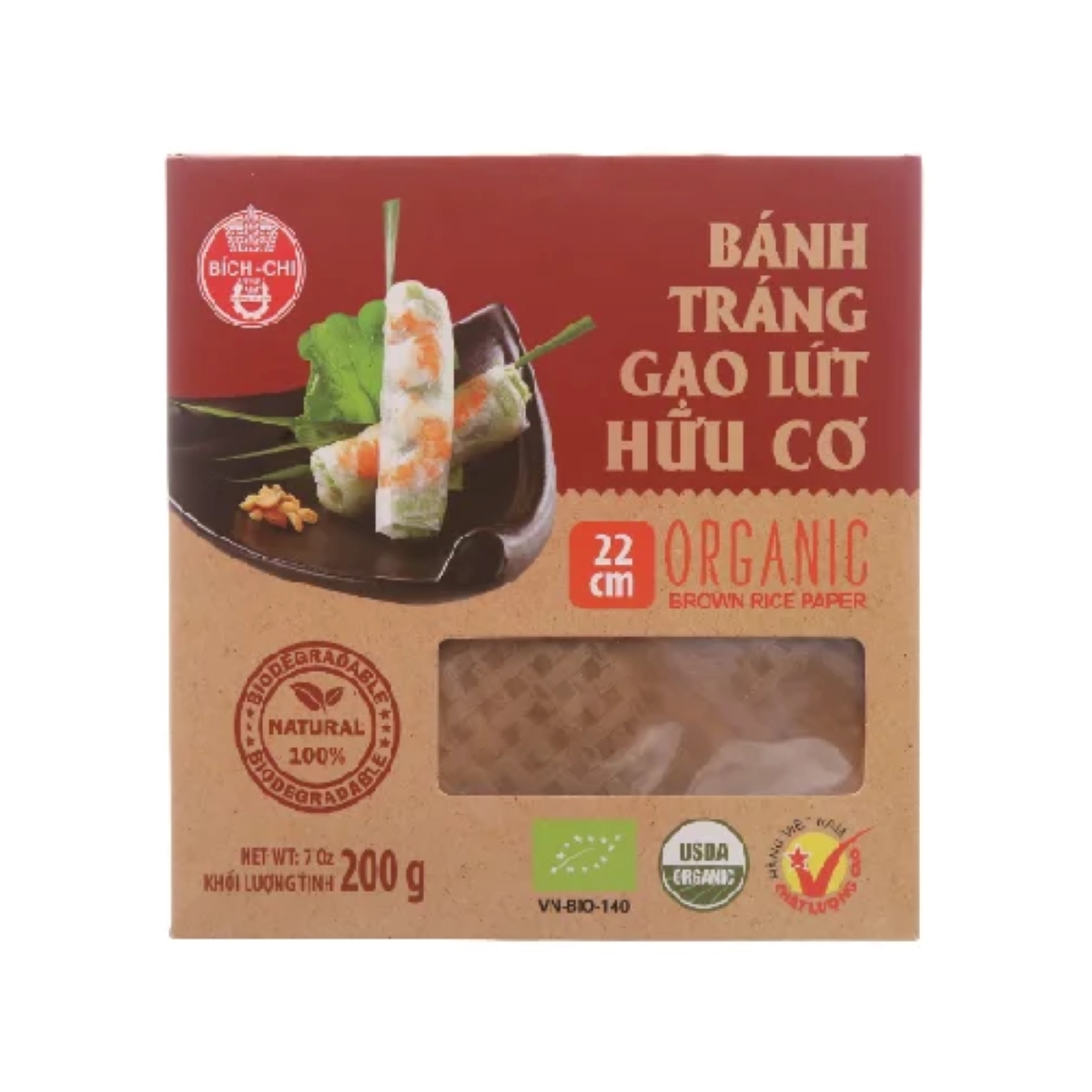Bánh tráng gạo lứt hữu cơ Bích Chi 22cm eat clean hộp 200g