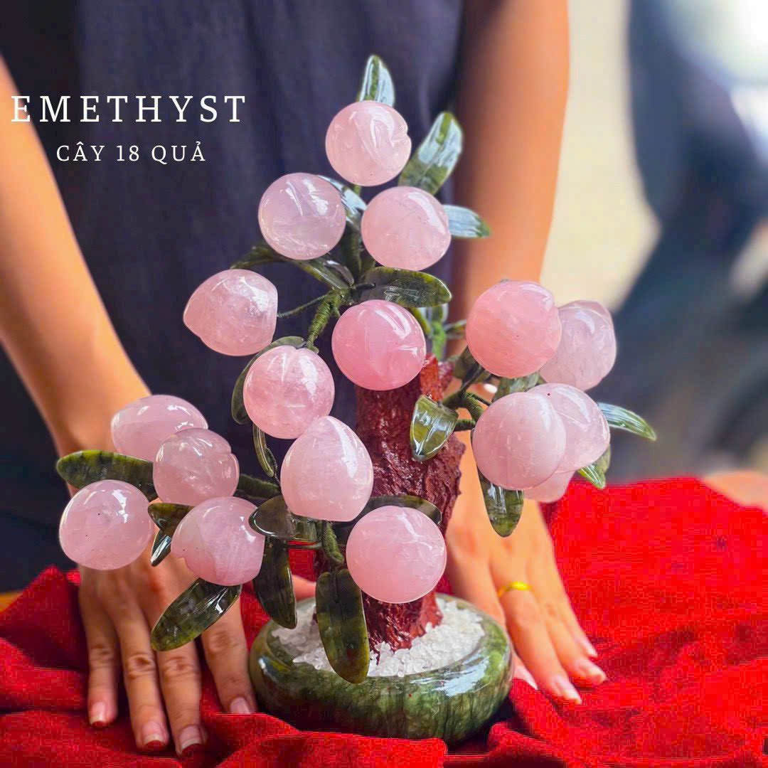 Cây Đào Tài Lộc Đá Thạch Anh Hồng 18 Quả – Trang Trí Bàn Làm Việc, Quà Tặng Phong Thủy May Mắn – SkyGems