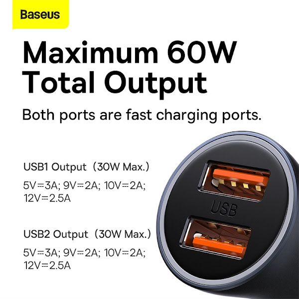 Tẩu Sạc Ô Tô Baseus Golden Contactor Max Dual Fast Charger Car Charger 60W - Hàng chính hãng