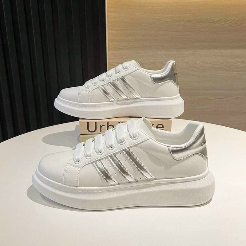 Giày Sneaker Đế Cao Nam Nữ màu trắng sang, đủ size từ 36 đến 43 khâu mũi phối sọc thời trang