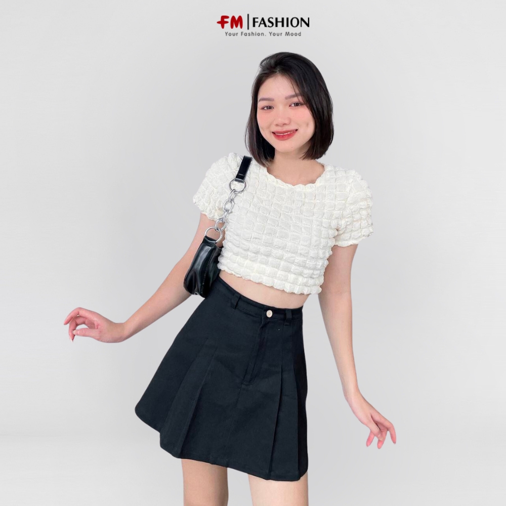 Áo croptop thun xốp Fm Style cổ tròn tay ngắn vải xốp phồng mềm nhiều màu sắc thời trang ulzzang 22110084