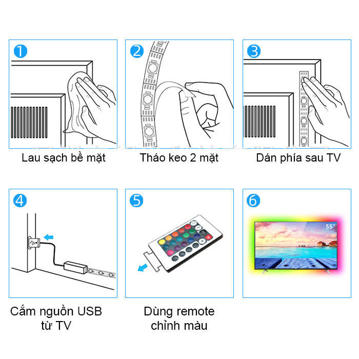 Dây Led 5050 RGB Trang Trí TV, Case PC Điều Khiển Remote Cảm Biến Nhạc, Nguồn USB